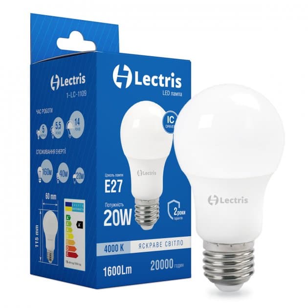 Лампа LED Lectris А65 20W 4000K 220V E27 1-LC-1109