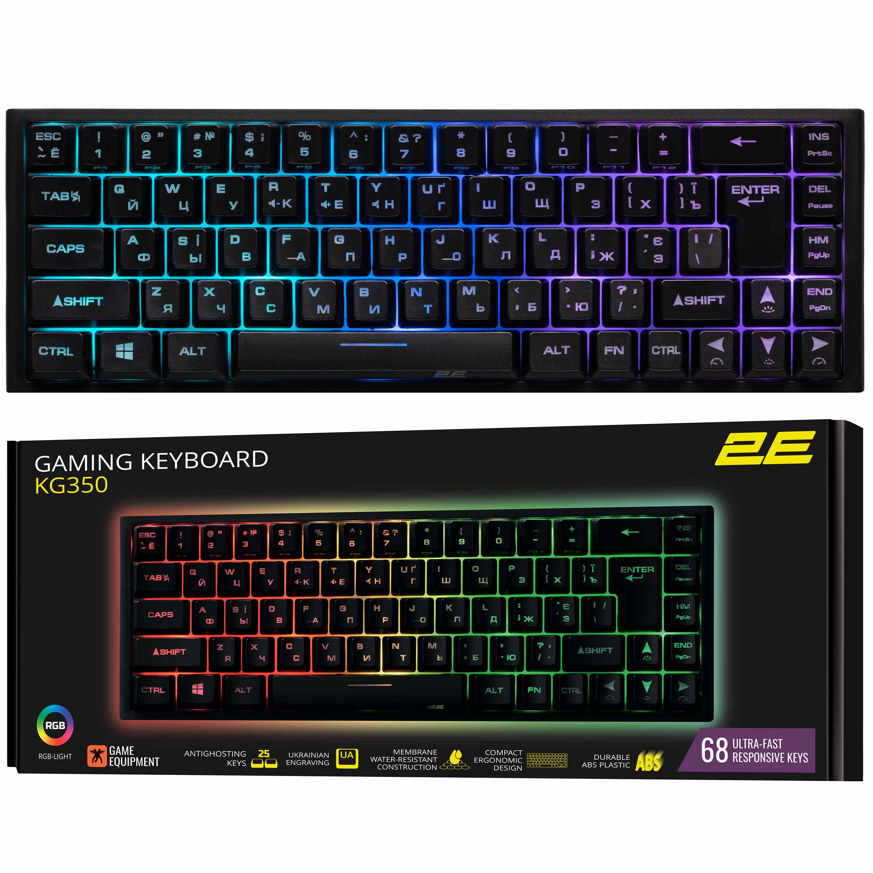 Клавіатура мембранна 2E GAMING 2E-KG350UBK 68key, USB-A, EN/UA/RU, RGB, чорний