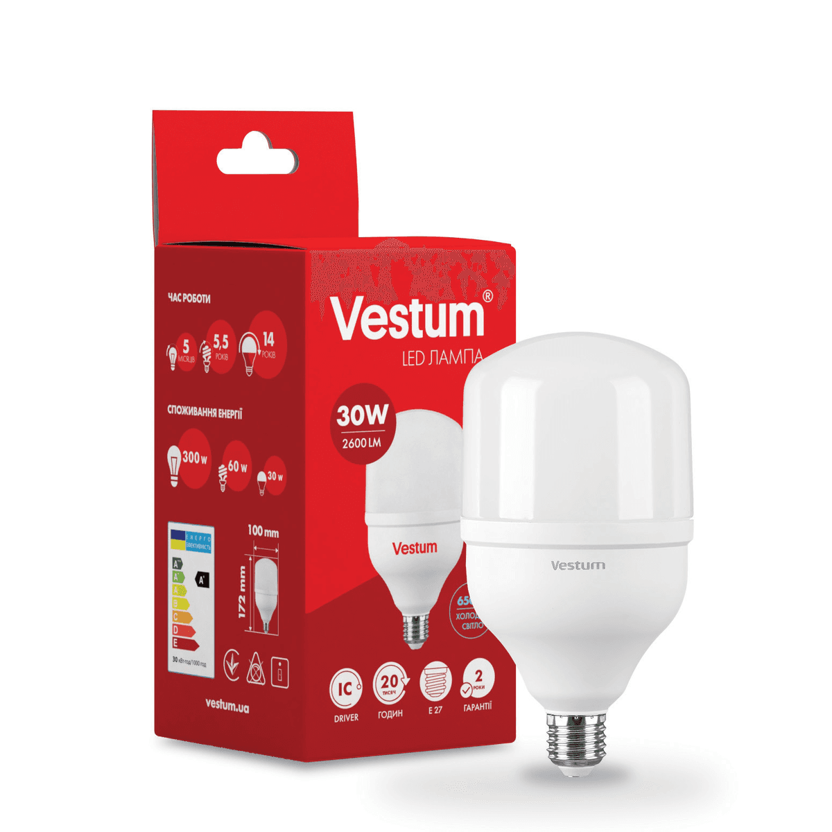 Лампа LED Vestum T115 30W 6500K 220V E27 1-VS-1602