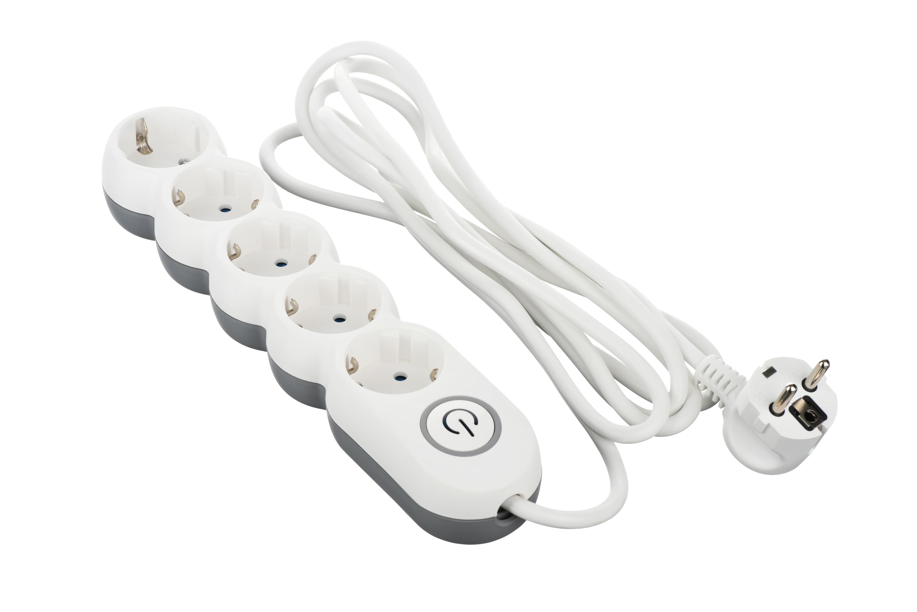 Подовжувач 2E-U05VESM3W Plus 5XSchuko з вимикачем, 3G*1.0мм, 3м, white