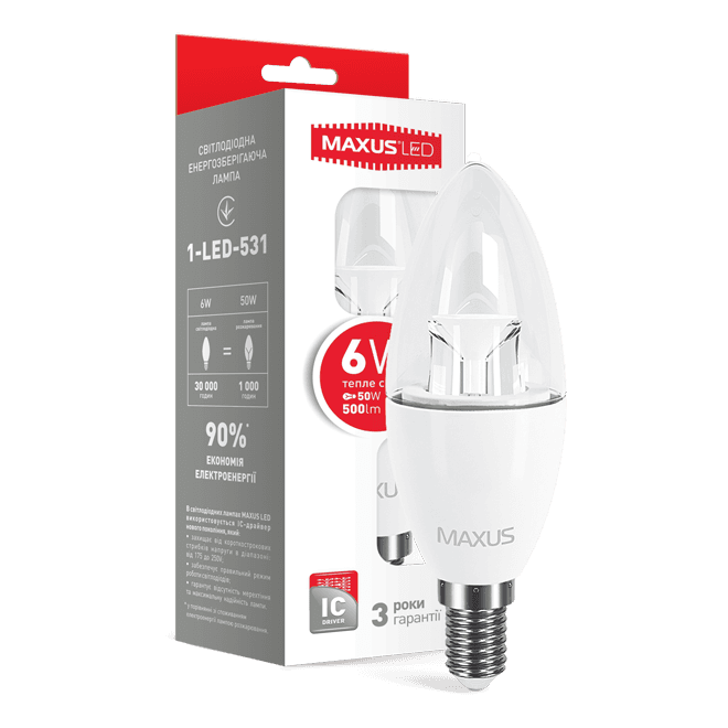 Лампочка Лед MAXUS 1-LED-532  C37 6W якраве світлоE14 