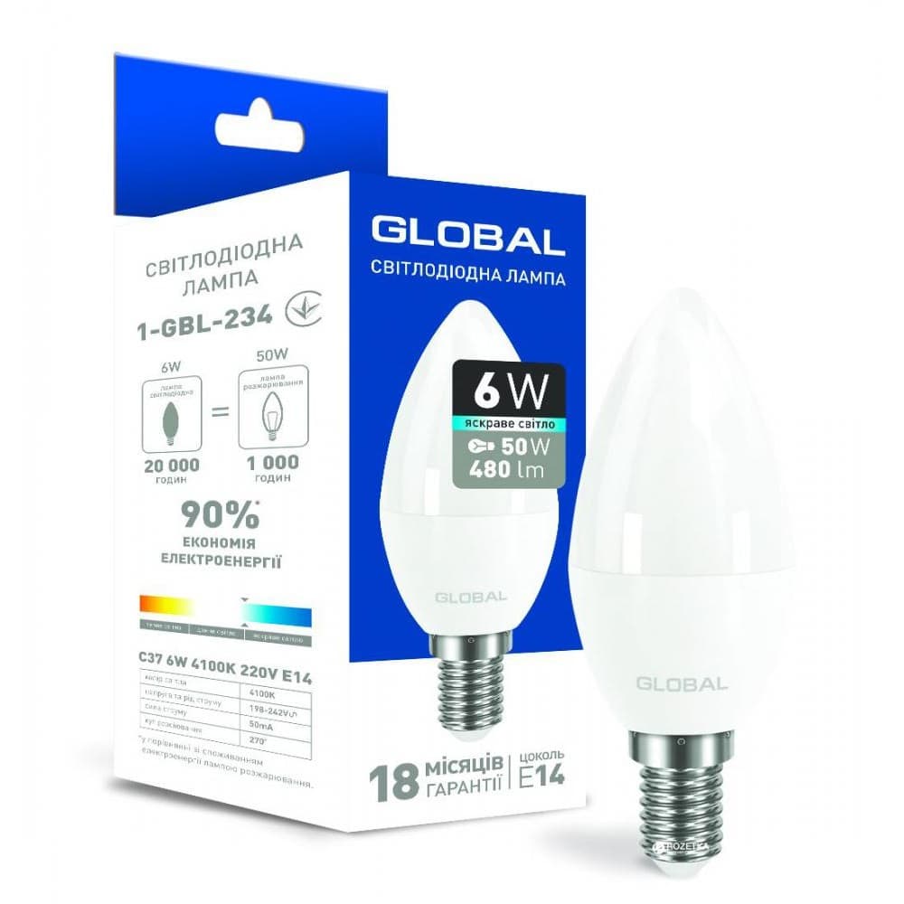 Лампочка Лед Global LED C37 6W 4100K 220V E14 (1-GBL-234)