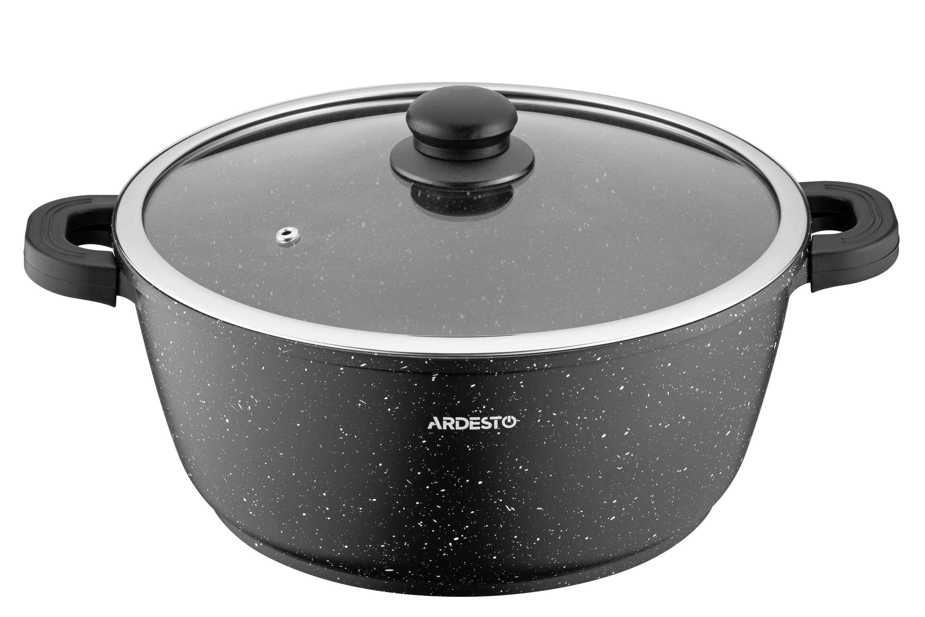 Каструля Ardesto AR2426GE Gemini Anzio, скляна кришка, 28 см, 6,4 л, чорний, алюміній